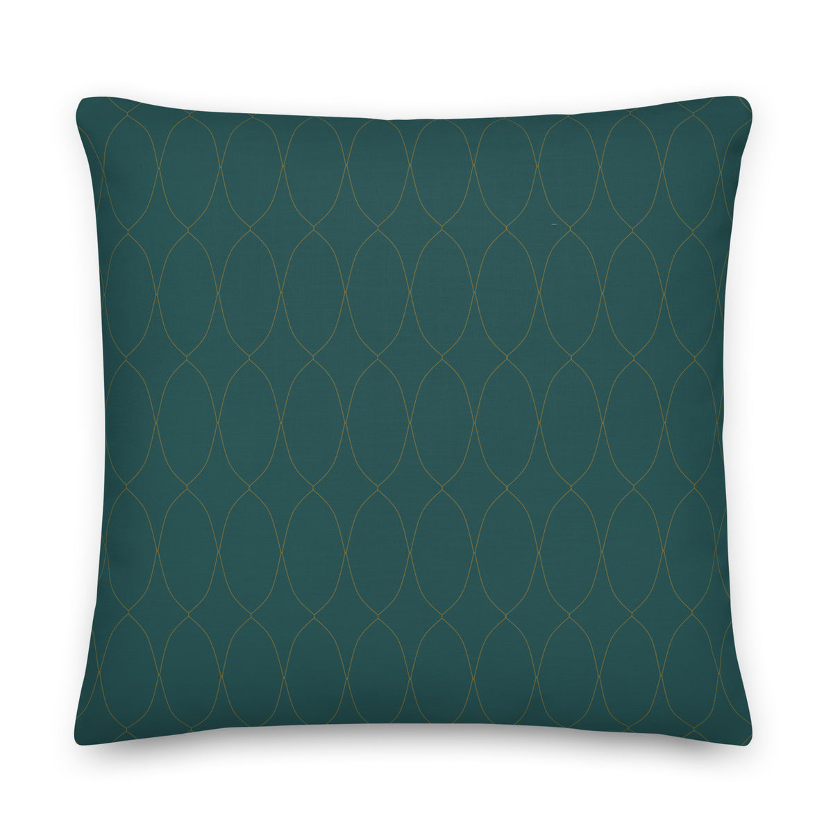 Teal decorative pillow with overlapping ring-diamond line pattern, smooth front