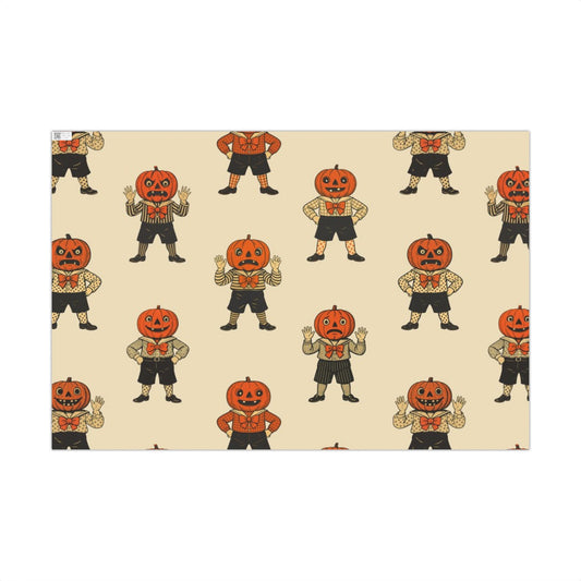 Halloween jack-o'-lantern wrapping paper with repeating characters in orange and black outfits