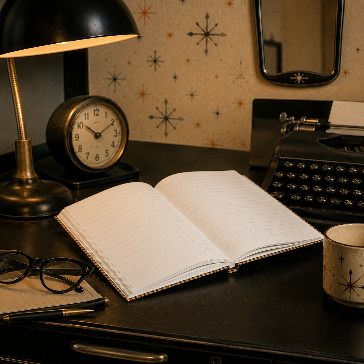 Ruled journal open flat with blank lined pages and gold-edged binding