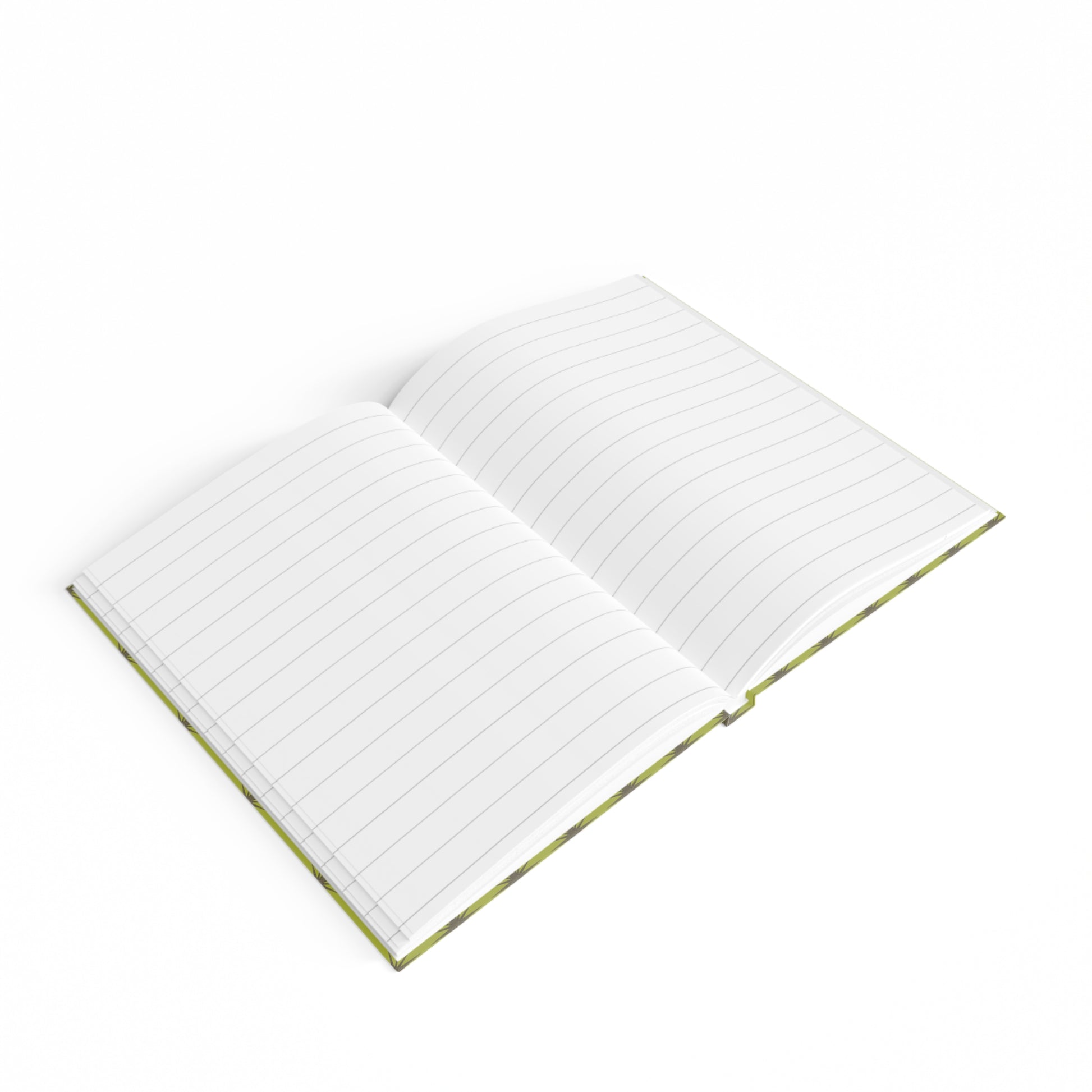 Hardcover lined journal opened to lined pages with green border